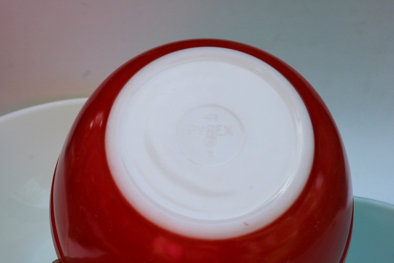 photo of vintage Pyrex primary yellow aqua red mixing bowls 404 403 402 MCM frankenstack retro colors!  #6